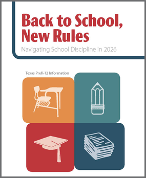 Cover of the "Back to School, New Rules" booklet, with icons of a school desk, graduation cap, stack of papers, and a pencil each inside a colorful box