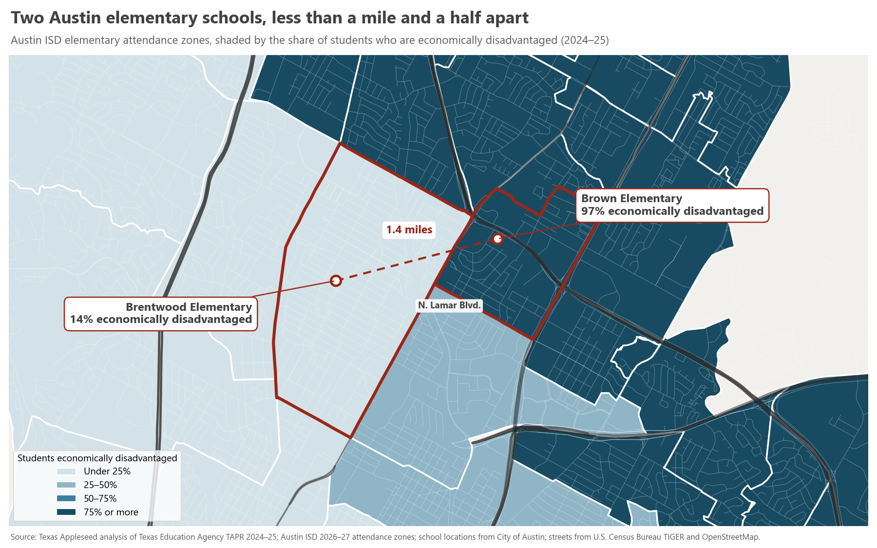 Map of AISD attendance zones for Brown and Brentwood elementaries