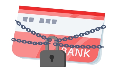 Bank account stock illustration (frozen account portrayed by a lock on the bank card)