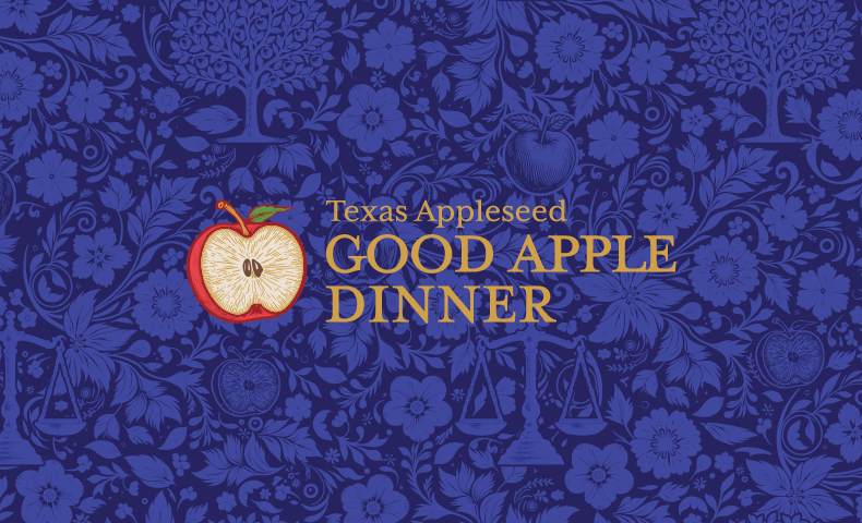 An apple with words "Texas Appleseed" and "Good Apple Dinner" against a blue wallpaper-style background featuring flowers, apples, and the scales of justice