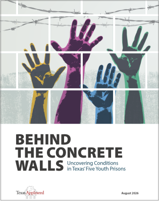 Stock photo of hands reaching in air with a range of colors, with barbed wire overhead. Title of report is on the page - Behind the Concrete Walls: Uncovering Conditions in Texas’ Five Youth Prisons
