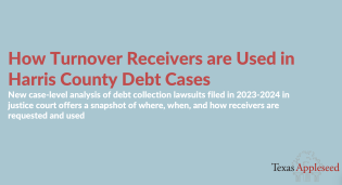 Blue background with title in red, How Turnover Receivers are Used in Harris County Debt Cases, a subhead in white font and the Texas Appleseed logo