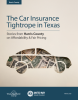 Cover of report in blue and beige, with an outline of a car made of U.S. dollars, with the title, The Car Insurance Tightrope in Texas (Harris County), with the Texas Appleseed logo and United Way of Houston logo.