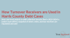 Blue background with title in red, How Turnover Receivers are Used in Harris County Debt Cases, a subhead in white font and the Texas Appleseed logo